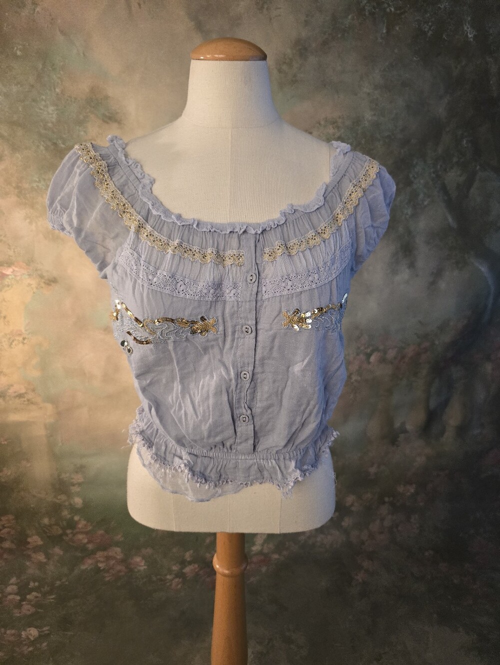 YA Vintage Blue Cottagecore Blouse Gold Sequins Delicate Lace And Ruffles XS